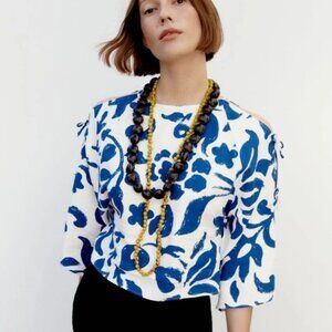ZARA LADIES FLORAL PRINT TOP BLOUSE WHITE/BLUE SIZE XS 3532/241/080